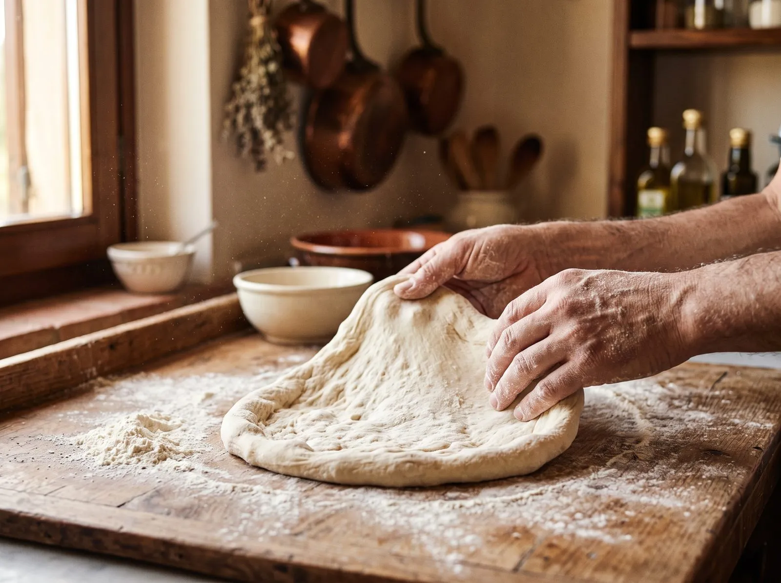 Hände formen einen Pizzateig auf bemehltem Holz